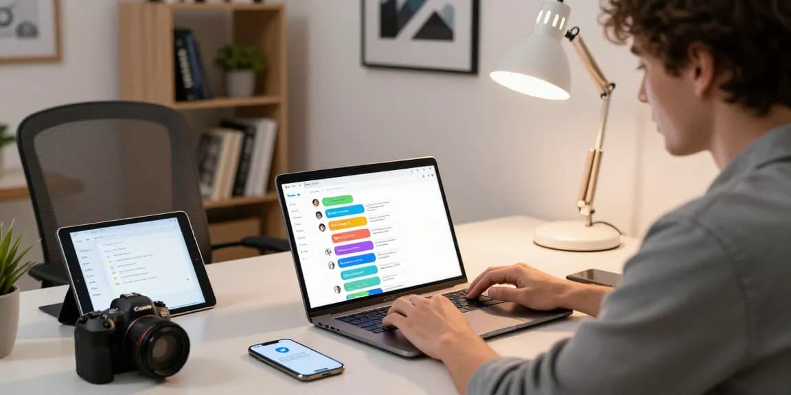 User utilizing the Telegram Web Version on a modern laptop in a vibrant workspace, showcasing dynamic chat features.