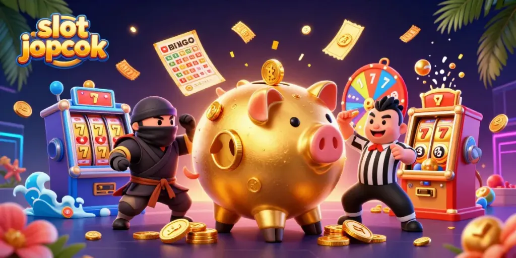 Engage in the excitement of slot jackpot with vibrant 3D characters in a dynamic casino scene.