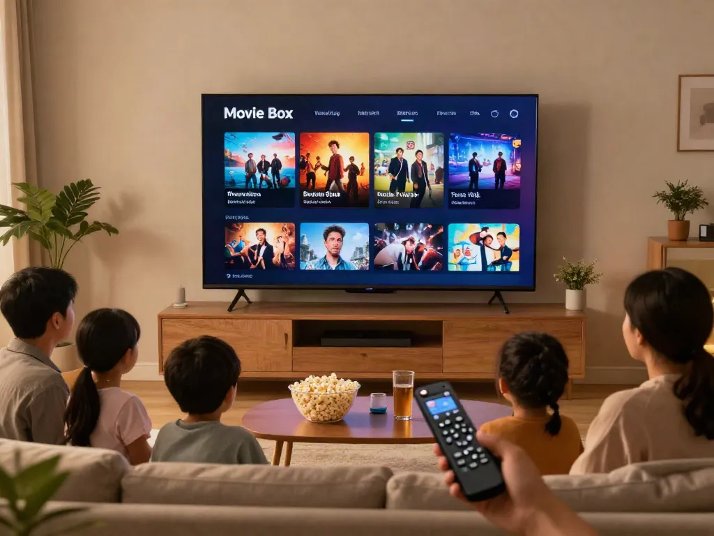 Family enjoying a movie night using the movie box app on a smart TV in a cozy living room.