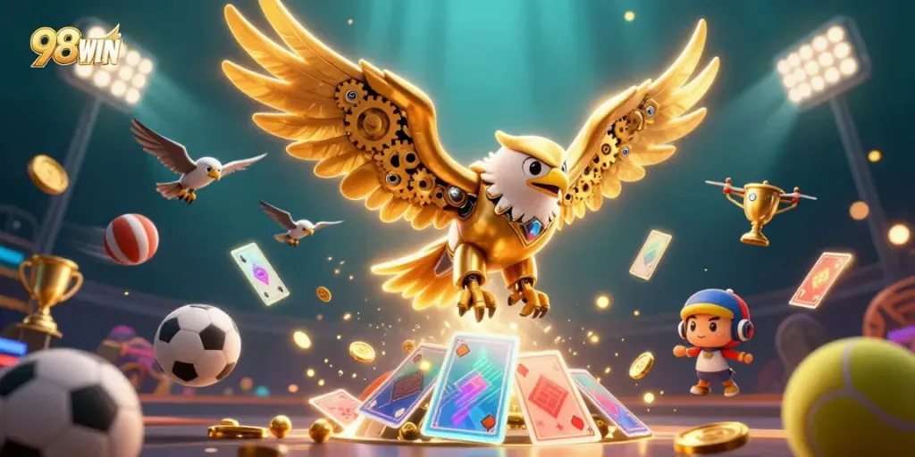 Experience the thrilling world of 98WIN, featuring a cybernetic golden eagle amidst dynamic sports elements.