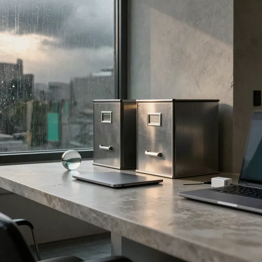 Storm-lit boardroom corner with locked file boxes, closed laptop, glass sphere and rain-streaked windows.