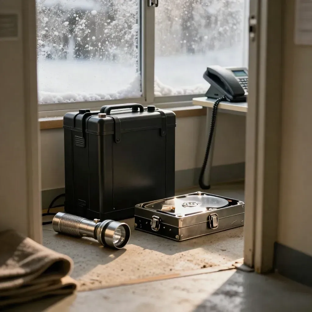 After-hours incident room with backup gear and snowfall turning the windows opaque.