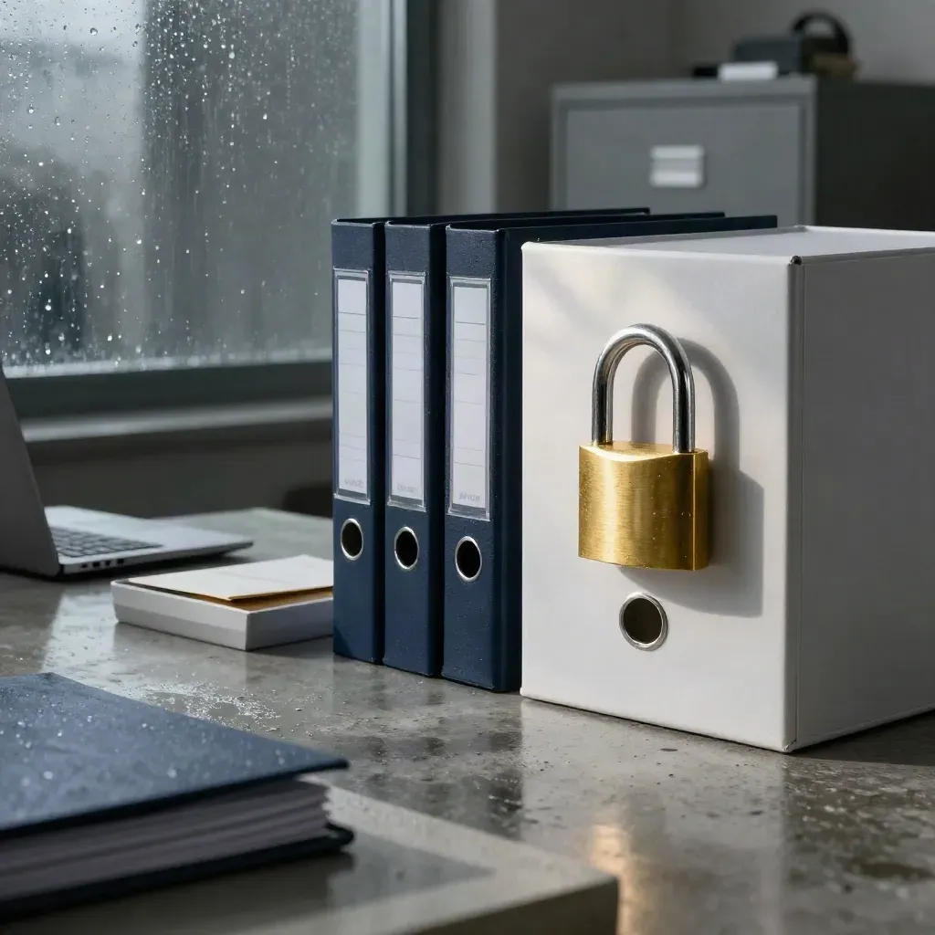 Brass padlock on a frosted archive box in a rain-beaded office with folders and a closed laptop.