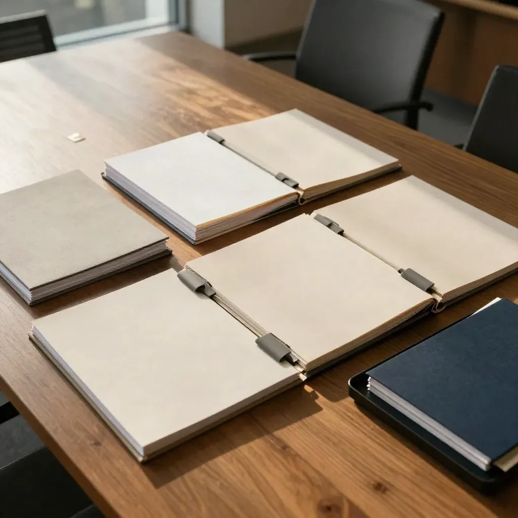 Sunlit privacy audit binders, clipped page stacks, and a paper tray on a brushed oak table.