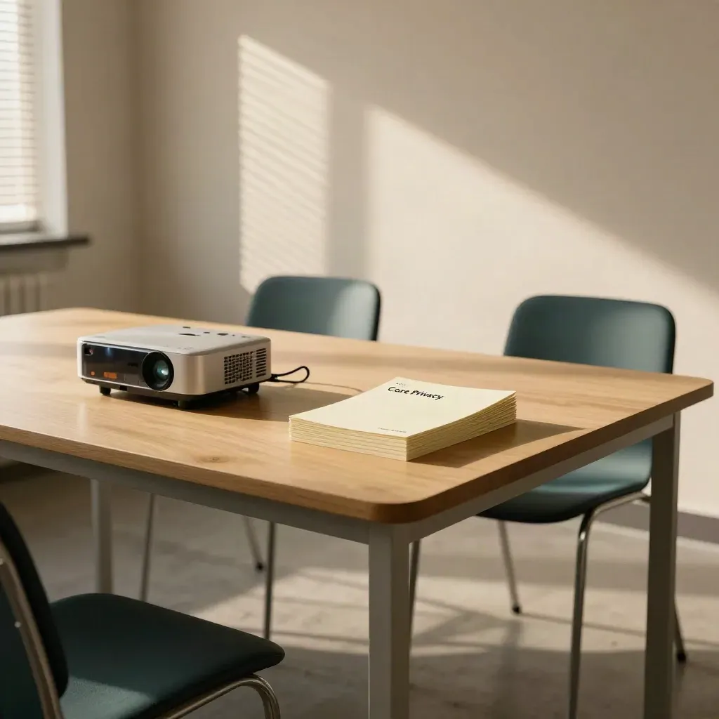 Empty training room with projector, cards, speakerphone, and two chairs in warm window light