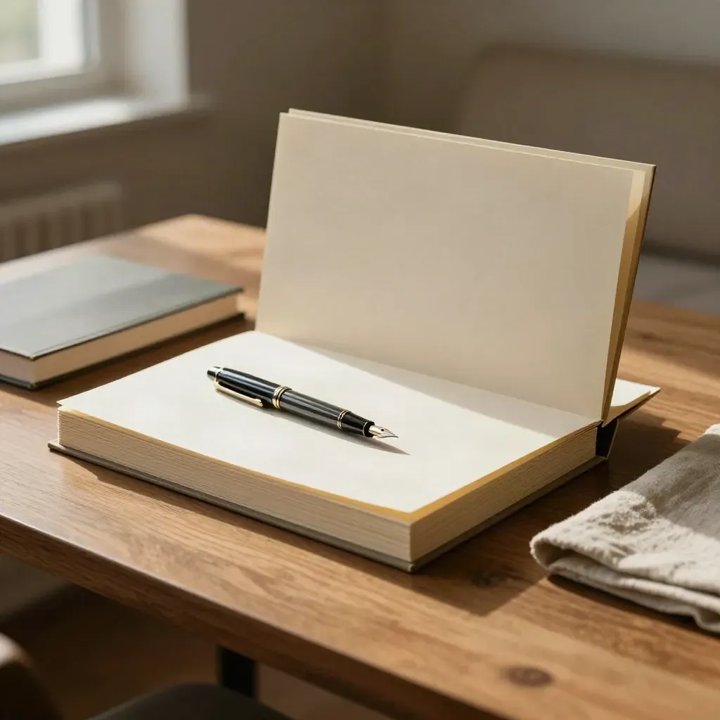 Cream folders, blank draft pages and a fountain pen in a warm conference nook.