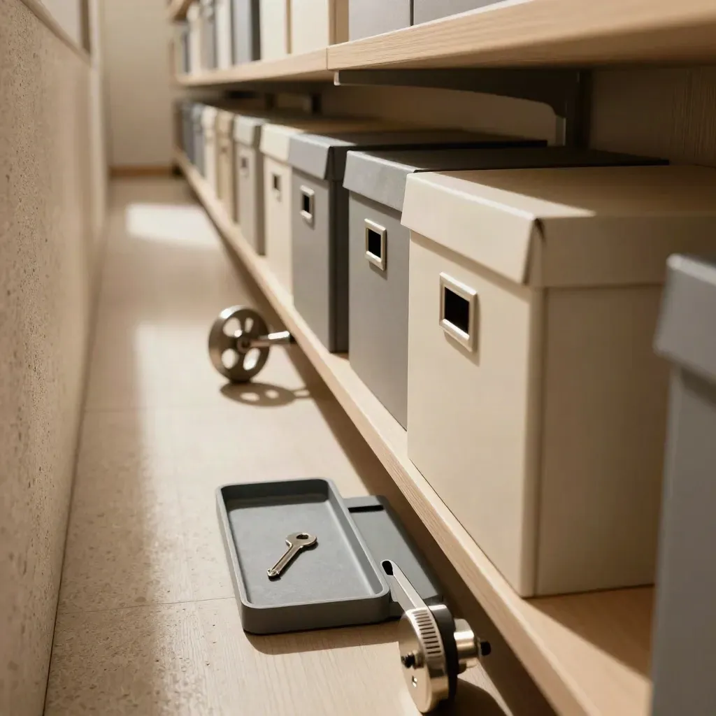 Archive boxes, date wheel and key tray in a dusty records corridor