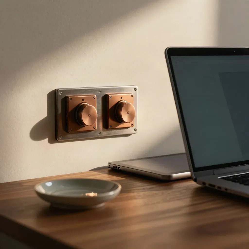 Privacy QA desk with laptop, tablet, bronze toggles, and ceramic dish in warm side light.
