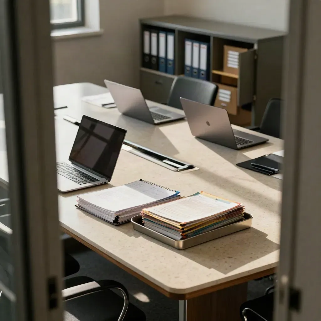 Sunlit boardroom audit scene with laptops, binders and an open file cabinet.