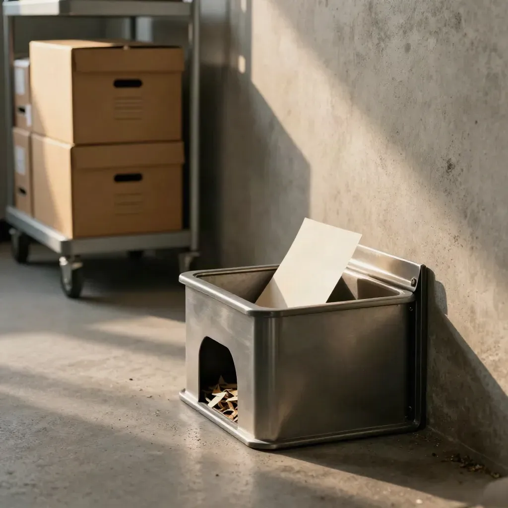Archive chute with shred bin, file boxes, and trolley as paper curls fall in.