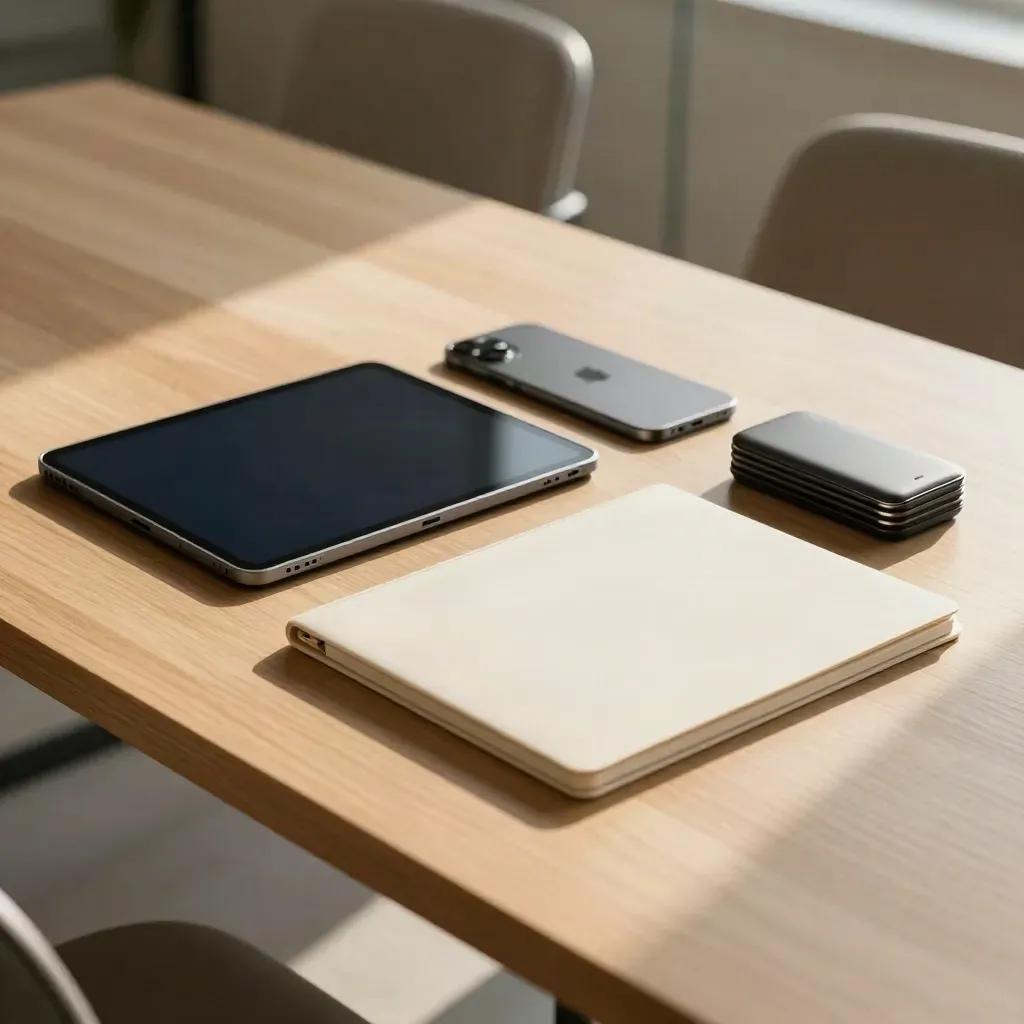 Overhead of tablets, review folders, and drive cases on a sunlit meeting table.