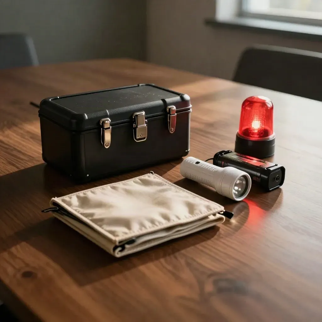 Incident response kit on a conference table under a red alert lamp