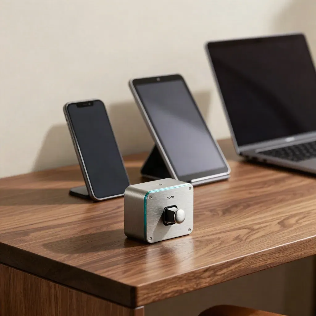 Privacy testing desk with toggle box, phone, tablet, and closed laptop in side light.