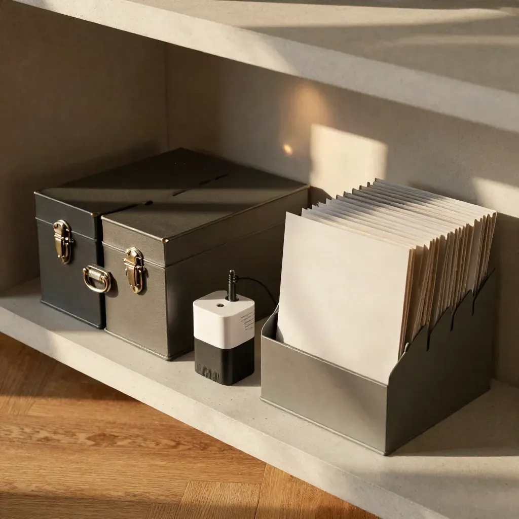 Overhead of locked archive boxes, blank sleeves, and a travel adapter in warm light