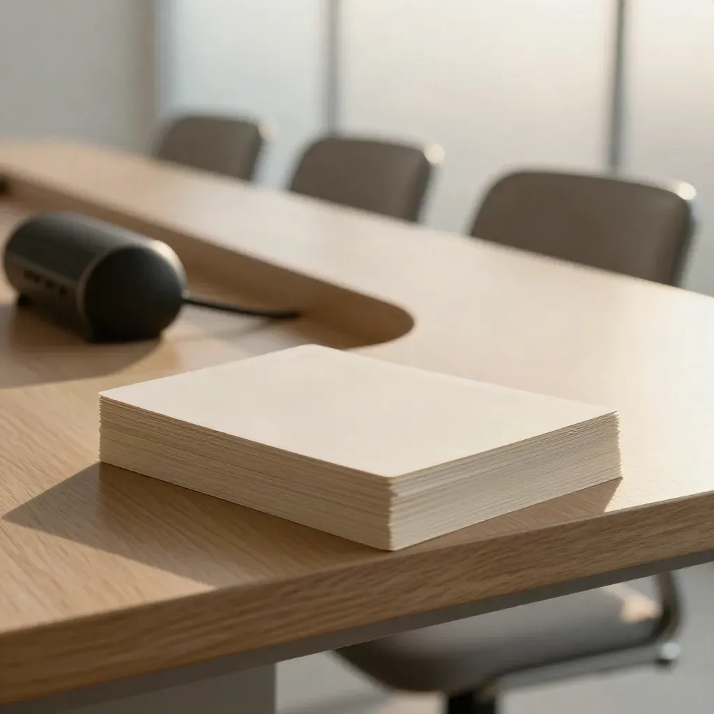 Training table with fanned scenario cards, speakerphone, and four empty chairs by frosted glass.