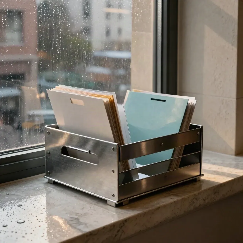 Rain-streaked office window with secure mail trays and pale folders on a stone sill.
