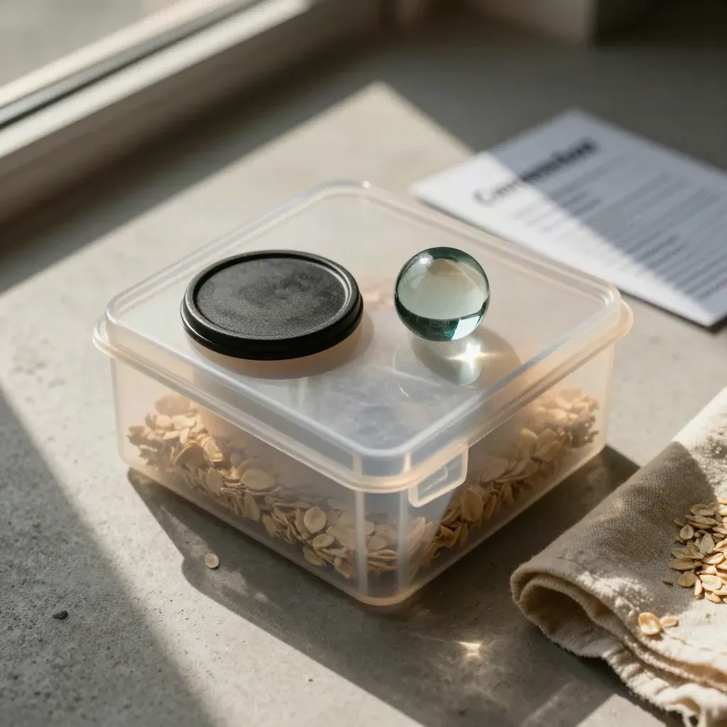 Translucent storage box with stamp pad, paperweights and cloth on pale concrete.