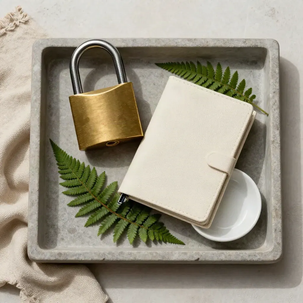 Brass padlock with cream binder, fern sprig and ceramic dish on stone tray.