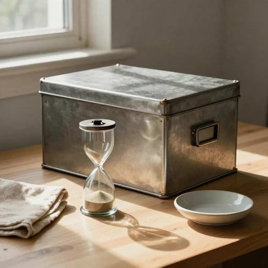 Sand timer beside a metal archive box, folded cloth and ceramic dish on a warm wood desk.