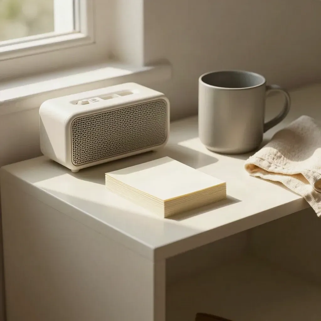 Blank cards, white speaker, and mug on a plaster sideboard in soft window light.