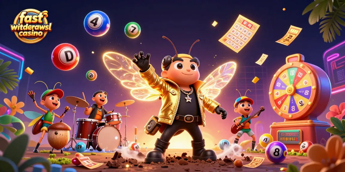 Fast withdrawal casino scene featuring a cicada rock star and vibrant game elements.