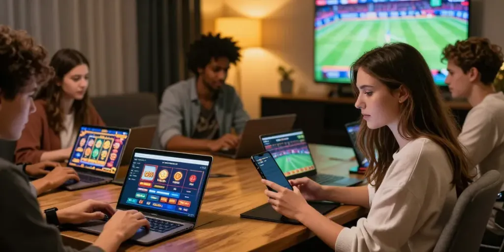 Players enjoying dynamic gaming experiences with UK88 on devices in an energetic environment.