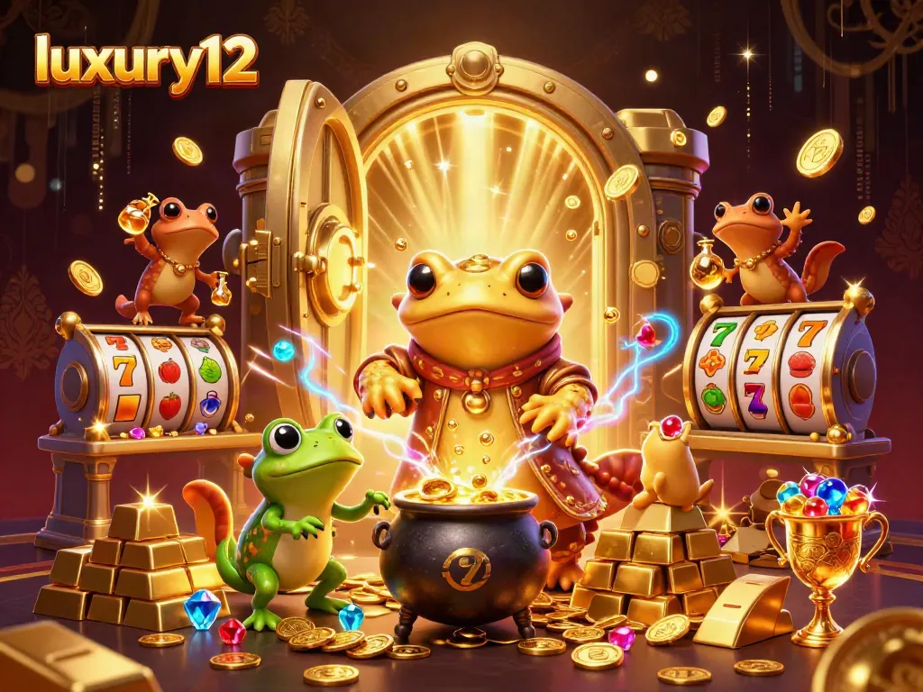Experience dynamic gameplay with luxury12, featuring a golden alchemist and vibrant slot symbols.
