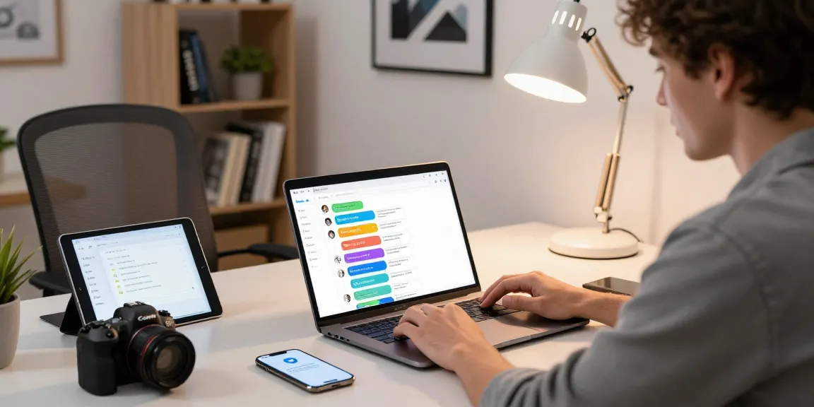 User utilizing the Telegram Web Version on a modern laptop in a vibrant workspace, showcasing dynamic chat features.