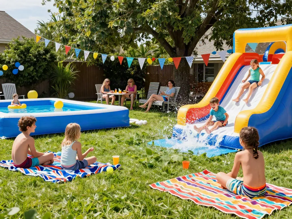Children sliding down a colorful water slide inflatable at a joyful summer backyard party.