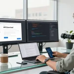 WPS Download interface displayed on multiple monitors in a vibrant software development office workspace.