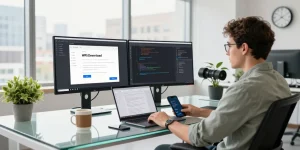 WPS Download interface displayed on multiple monitors in a vibrant software development office workspace.