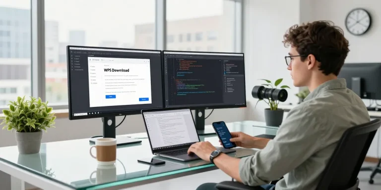 WPS Download interface displayed on multiple monitors in a vibrant software development office workspace.