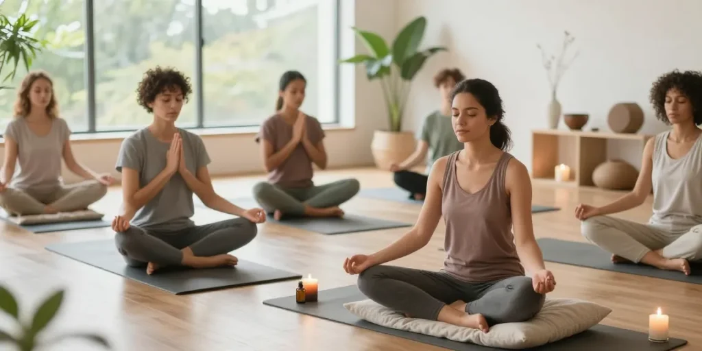 Group practicing masque protection techniques for enhanced wellness and mindfulness in serene environment.