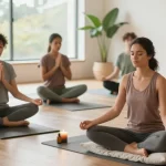 Group practicing masque protection techniques for enhanced wellness and mindfulness in serene environment.