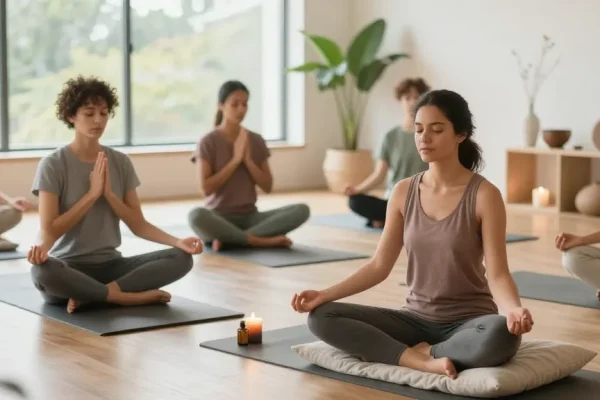 Group practicing masque protection techniques for enhanced wellness and mindfulness in serene environment.