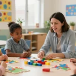 Interactive social skills program for autism Burlington, engaging children in a vibrant classroom.