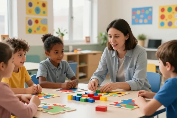 Interactive social skills program for autism Burlington, engaging children in a vibrant classroom.